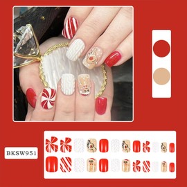 Christmas Press on Nails Short Square Fake Nails Xmas False Nails With Gingerbread Man Elk White Stripe Designs Candy Full Cover Stick on Nails Acrylic Winter Artificial Nails for Women Glue on Nails