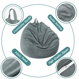 Highdi Adult Bean Bag 100 x 120 cm (Without Filling) - Velour Ribbed Indoor Outdoor Grey Bean Bag for Kids