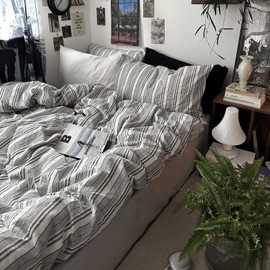 mixinni Vintage Gray & White Striped Duvet Cover Set - 3 Piece 100% Washed Cotton Twin XL Size Bedding | Minimalist Gender-Neutral Design | Ultra-Soft Breathable, with Zipper Closure & Corner Ties