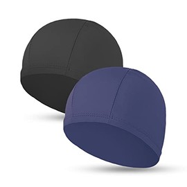 2pcs Cloth Swim Caps for Both Women & Men & Kids Fabric Durable Non-Waterproof Elastic Swimming Pool Cap Bathing Cap for Long and Short Hair (Black&Dark Blue)