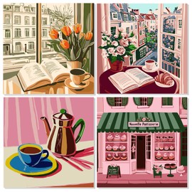 NAIMOER 4 Pack Coffee Bread Paint by Numbers Kits for Adults Beginner with Wooden Framed, Color by Numbers on Canvas Painting Kits for Adults, Easy Paint DIY Acrylic for Home Wall Decor 8X8 Inch