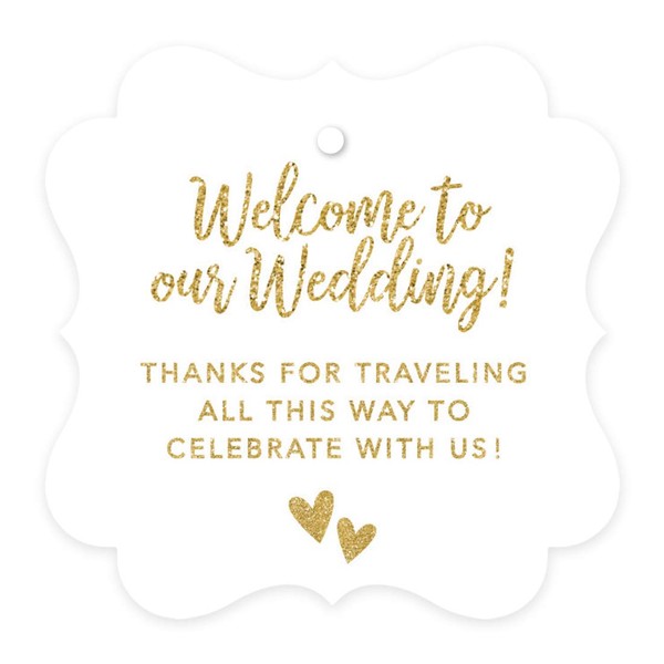 Andaz Press Out of Town Bags Fancy Frame Gift Tags, Welcome to Our Wedding Thanks for Traveling to Celebrate with Us, Faux Gold Glitter, 24-Pack, for Destination OOT