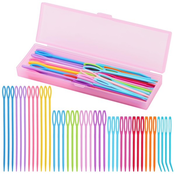 40 Pieces Plastic Sewing Needles with Large Eye, Yarn Sewing Needles, Plastic Sewing Needles with Curved Tapestry Needles, Storage Box, Plastic Needles for DIY Sewing Handmade Crafts