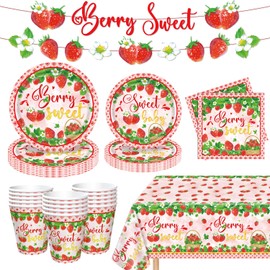 83 Pcs Strawberry Birthday Decorations Strawberry Themed Supplies Berry First Birthday Party Supplies Sweet One Decor Fruit Party Tableware Set - Plates, Banners, Tablecloth, Napkins, Cups Serves 20