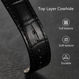 FOUUA Watch Straps Genuine Leather Alligator Embossed Replacement Folding Clasp Bracelets 12 13 14 15 16 17 18 19 20 21 22 24 mm, Black gold, Traditional