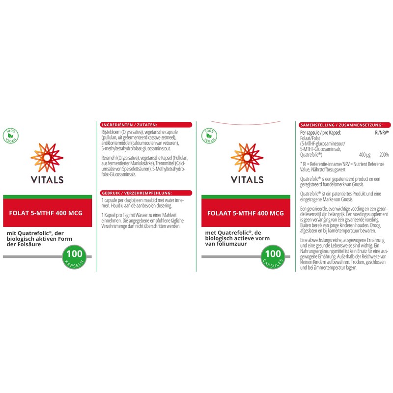 Vitals Folate 5-MTHF - 400mcg Folic Acid with Quatrefolic, 100