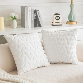 Set of 2 Heart Love Cute White Decorative Throw Pillow Covers 20x20, Soft Plush Faux Fur Wool Pillow Covers for Couch Sofa Home