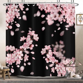 Hnmdmyi Shower Curtain Cherry Blossoms 180 x 200 cm, Pink Flowers Japanese Asian Style Sakura Aesthetic Art Black Bath Curtain Waterproof Polyester Fabric Washable Bath Curtain with Hooks