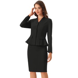 Allegra K Business 2 Piece Suit Set for Women's Long Sleeve Collarless Peplum Blazer Pencil Skirts Black S