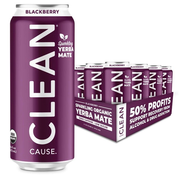 Blackberry Sparkling Yerba Mate - Organic, Low Calorie & Low Sugar (160mg Caffeine), 16oz cans, 12-pack - CLEAN Cause - 50% Profits Support Alcohol & Drug Addiction Recovery