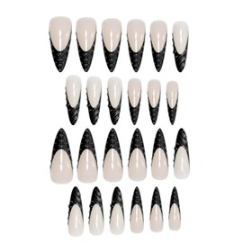 press on nails long Stiletto French Tip Fake Nails Black False Nails Artificial Nails Cute Stick on Nails for Women 24 Pcs Full Kit with Jelly Glue & Tools (Black-8, L-8)