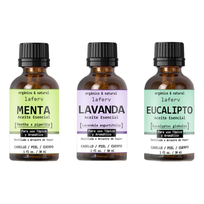 3 Pack Aceite Esencial Puro Lavanda Menta Eucalipto 30ml C/u