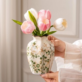 Ceramic Vases Set of 3, Green & Beige Chinoiserie Flower Pitcher Vase, Farmhouse Vintage Floral Vase Home Decor for Mantle, Fireplace, Kitchen Counter, Living Room Bookshelf Rustic Table Centerpiece