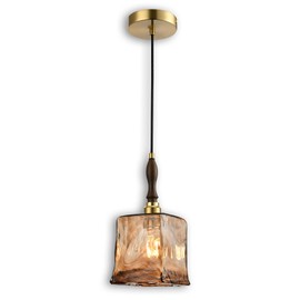 LUXWELL Modern Amber Glass Pendant Light, 5.25"x11.7" Elongated Hanging Fixture with Wood Grip & Brass Accent, 15"-72" Adjustable Line, E26 Socket – Golden Amber Rectangular