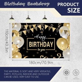Bagentry Black and Gold Happy Birthday Backdrop, 70.8" x 43.3" Birthday Banner Backdrop Decorations, Birthday Sign Background Party Supplies for Women Men Outdoor Indoor (Black and Gold)