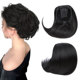 S-noilite Drawstring Hair Bun Ponytail Extensions,Short Ponytail Synthetic Comb Clip in Updo Hairpiece Fake Hair,12 inch Straight Hepburn Scrunchies Bun Hair Piece,Dark Black