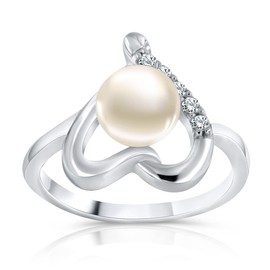 Women's Ring Heart 925/1000 Sterling Silver Freshwater Cultured Pearl White 54 (17.2) Metal Zirconia, Metal, Cubic Zirconia