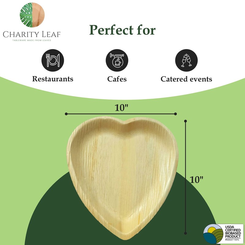 Charity Leaf Disposable Palm Leaf 10" Heart Plates (25 pieces)