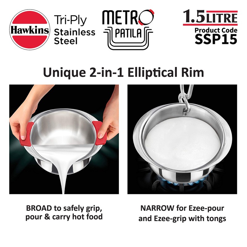 Hawkins 1.5 Litre Metro Patila, Triply Stainless Steel Tope, Induction