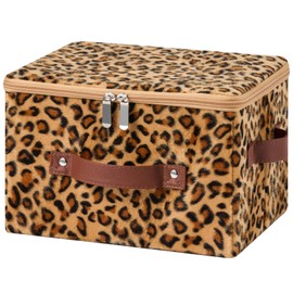 VinneGenzz Storage Bins Boxes with Zipper Lid Leopard Print Cute Velvet Fabric Basket PU Leather Handles PP Plastic Board Foldable Washable Lidded Closet Shelf Organizer Container (Small Size)