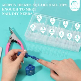 500PCS Clear Square Nail Tips, Quaferen XL No C Curve Nail Tips for Acrylic Nails Professional, Half Cover Tapered Square Straight Nail Tips, Flat Traceless Acrylic Nail Extension Tips Fake Nails