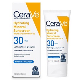 CeraVe Protector solar 100% mineral SPF 30, protector solar facial con óxido de zinc y dióxido de titanio, ácido hialurónico + niacinamida + ceramidas, sin aceite, tamaño de viaje 2.5 onzas