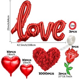 Toylin 1130pcs Wedding Decoration Balloons Love Balloons And Red Heart Balloons Set, 3pcs Large Rose Balloons with1000pcs Rose Petals Kit for Valentines Day,Propose Marriage,Wedding Party