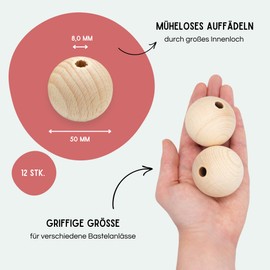 EV® Wooden Balls with Hole - Pack of 12 50 mm Diameter - Made in Austria - Large Wooden Beads with 8 mm Bore, Turned Made of High-Quality Beech Wood