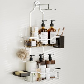 THKVESN Shower Caddy Hanging Bathroom Organizer - Over Head Shower Rack for Tall Showerhead - Extra Large Storage Bath Shelf for Big Shampoo Bottles with Soap Holder and Toothbrush Holder, Sliver