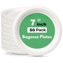 Wrap n Pac 7 inch Round Disposable Biodegradable Bagasse Sugarcane Wedding Party Plates Eco Friendly Tableware Plates (7 inch - Pack of 50)