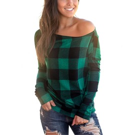 Women Off Shoulder Top Loose Fit Plaid T Shirt Pullover Sweatshirt Green L