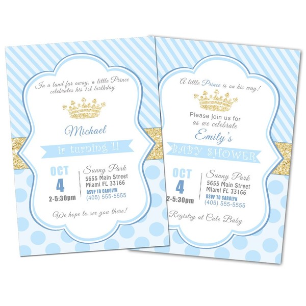 30 Invitations Prince Birthday Baby Shower Blue Gold Glitter Personalized Cards Photo Paper