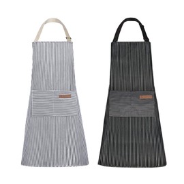 Tosewever 2 Pieces Kitchen Cooking Aprons, Cotton Polyester Blend Adjustable Bib Aprons with 2 Pockets for Women Men Chef Chef (Navy/Black Stripes, 2)