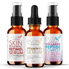 Eva Naturals Trifecta Set de Suero Facial – Retinol, Vitamina C y Péptidos con Ácido Hialurónico y Niacinamida – Paquete de Cuidado Antienvejecimiento para Mujeres – Aumento de Colágeno, Tratamiento