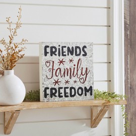 VHC Brands Patriotic Friends Family Freedom On Galvanized Metal Print MDF Block Sign 10x10x1, Independence Day Decor, Decorative Sign, Rustic Farmhouse Fourth of July Decorations
