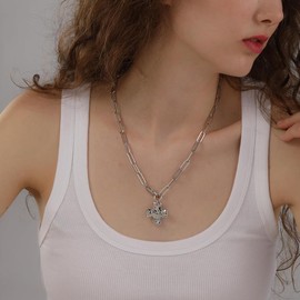 Gold Chunky Cross Statement Necklace for Women Men Dainty Trendy Paper Clip Chain Crucifix Pendant Choker Simple Hammered Necklace Religious Jewelry (Silver)