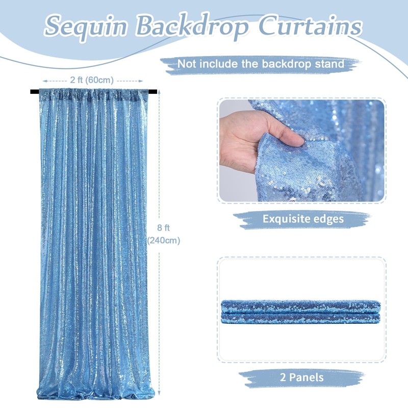 Baby Blue Sequin Backdrop Curtains 2 Pieces 2ftx8ft Glitter Baby
