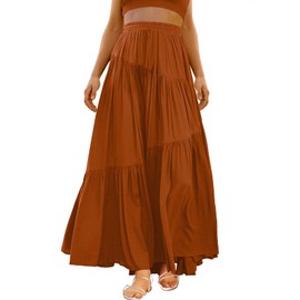 ANRABESS Women’s Boho Elastic High Waist Pleated A-Line Flowy Swing Asymmetric Tiered Maxi Long Skirt Dress with Pockets Rust Large