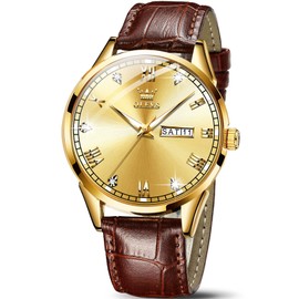 OLEVS Mens Gold Watches Leather,Day Date Watches for Men,Brown Leather Men Watch,Waterproof Watch Ma n Dress Men's Analog Roman Numeral Luminous
