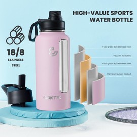 COKTIK 32 oz Sports Water Bottle With Straw,2 Lids, Stainless Steel Vacuum Insulated Water Bottles,Leakproof Lightweight, Keeps Cold and Hot, Great for Travel, Hiking, Biking, Running (Blush)