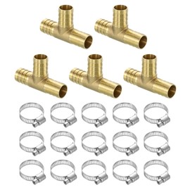 sourcing map 2pcs Brass Tee Barb Fittings, 3-Ways Tee 3/4" x 3/4" x 3/4" Barbed Hose Reducer, Tee Brass Barb Fitting Reducer with 6pcs Hose Clamps for Water Fuel Air