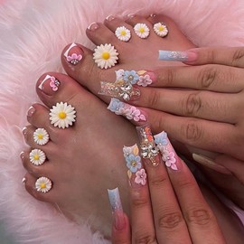 48 Pcs Pink Press on Nails Long Square & Press on Toenails Set - YEFIUO White French Fake Nails Press ons Nail Art Tips Glue on Nails Full Cover Acrylic Nail Kit False Toe Nails with 3D Flowers Design