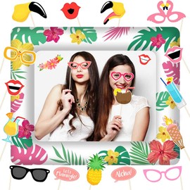 KKSJK Hawaii Inflatable Picture Frame with 21 Pieces Photo Props, Flamingo Photo Booth, Colourful Summer Photo Box Accessories, Selfie Frame for Summer Party