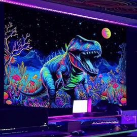 Blacklight Dinosaur Tapestry, Fantasy Neon Funny Dino frog Mountain Art UV Reactive Tapestries, Cool Fairytales T-Rex Galaxy Space Glow in the Dark Tapestry for Bedroom Boys Kids Decor, 80"x60"