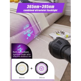 UV Blacklight Flashlights Rechargeable 365nm + 395nm 51 LEDs, Black Light for Pet Urine Detection Cat Dogs, Ultraviolet Flashlight for Resin Scorpion Bed Bugs Handheld Black Light Battery Built-in
