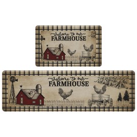 CHICNOOK Farmhouse Kitchen Rugs Anti Fatigue 2 Piece,Washable Non-Skid Kitchen Mat,Farmhouse Rooster Kitchen Floor Mat，PVC Cushioned Kitchen Floor Mats, Size 18 * 30+18 * 60 in
