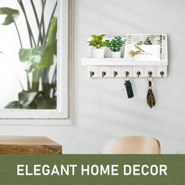 Rebee Vision Decorative Key and Mail Holder for Wall - Farmhouse 15 Inches Floating Shelf with 7 Sturdy Key Hooks for Home Entryway Wall Decor - Rustic Key Racks (White)