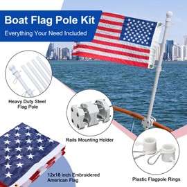NEZHEIZERY Boat Flag Pole, 5FT Boat Flag Pole Kit Rail Mount with 12x18 inch Embroidered American Flag, No Drilling Flag Pole Holder for 0.5-1.1 Inch Rails (White)