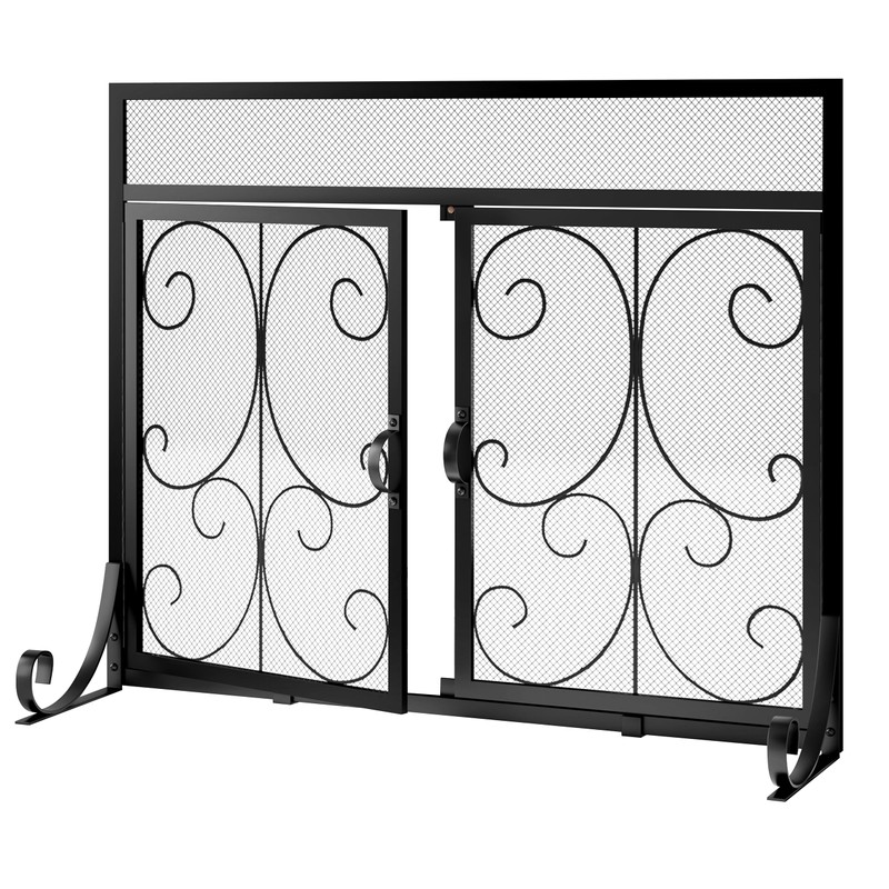 Calidola Large Flat Fireplace Screen with Doors, Wrought Iron Frame