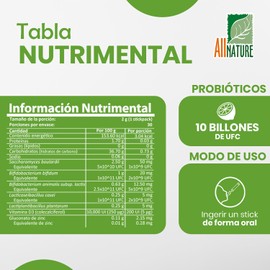 All Nature Billion Complex, Probióticos 10 Billones, Pre, Pro y Post Bióticos en Polvo, Sabor Limón, 30 Stickpacks de 2g, con Vitamina D3 y Zinc